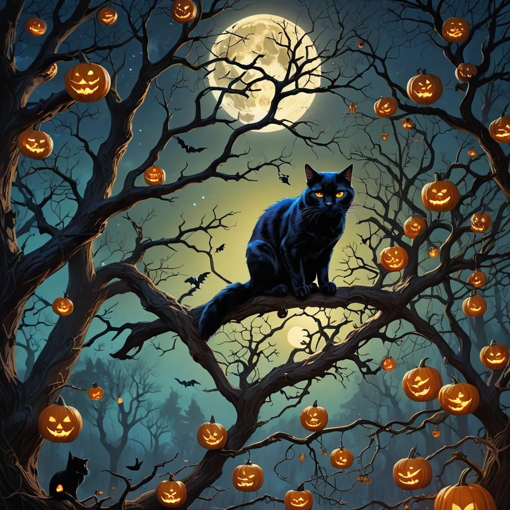 Black Cat in Dark Fantasy Forest, Greg Rutkowski Style