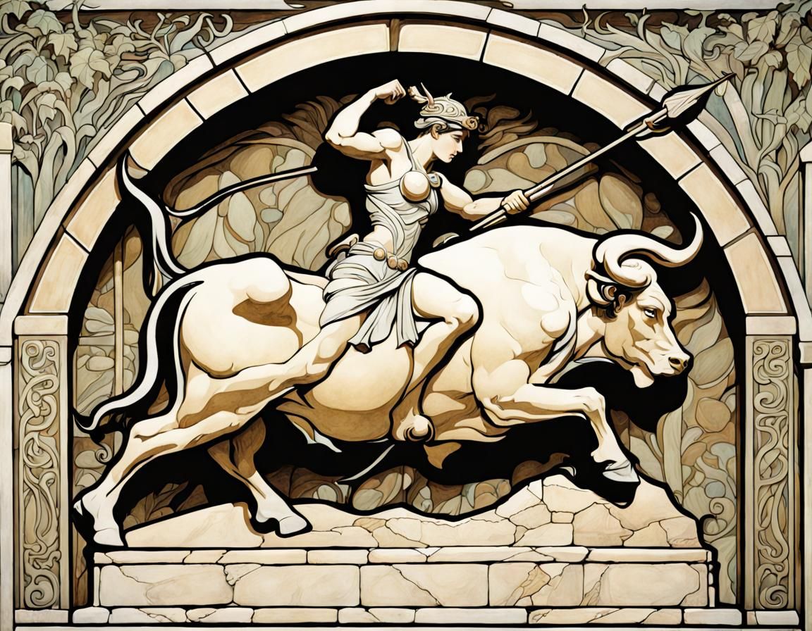 Roman Centurion Slaying Bull, Art Nouveau Style