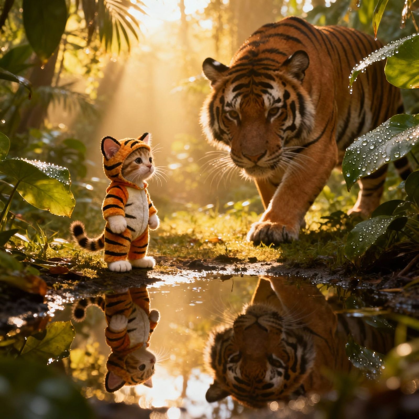 Kitten's Tiger Dream: Cinematic Jungle Reflection