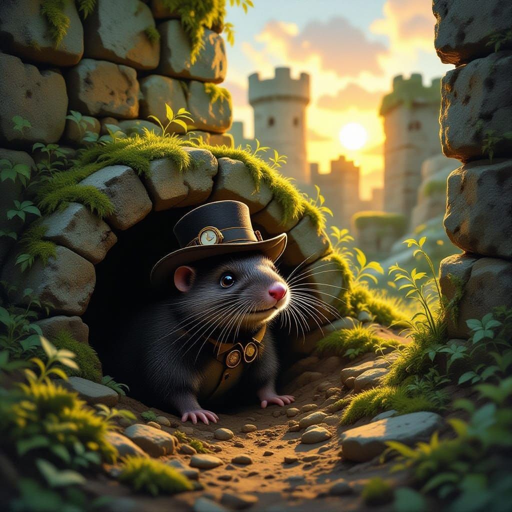 Mole Explorer in Ancient Ruins at Sunset
