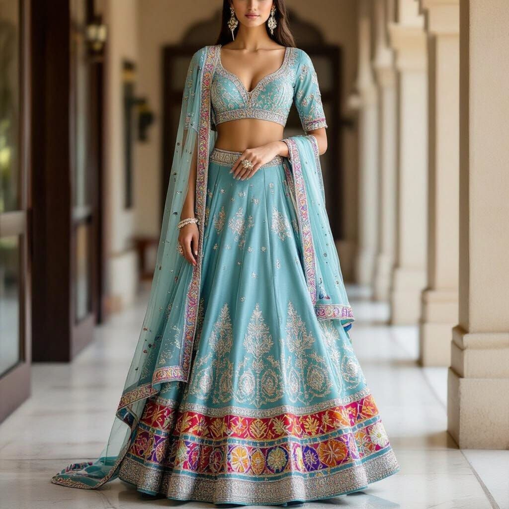 Chic Blue NET Lehenga with Multicolor Border & Silver Sequin...