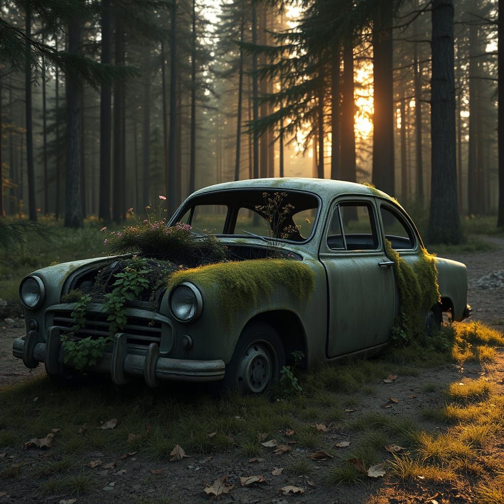 Abandoned Car Reclaimed by Nature: 3D Cinematic