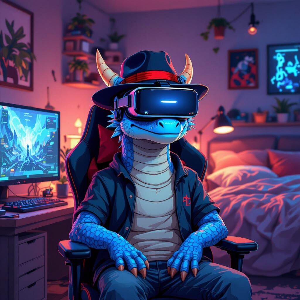 Blue Dragon Gamer in VR Headset and Fedora