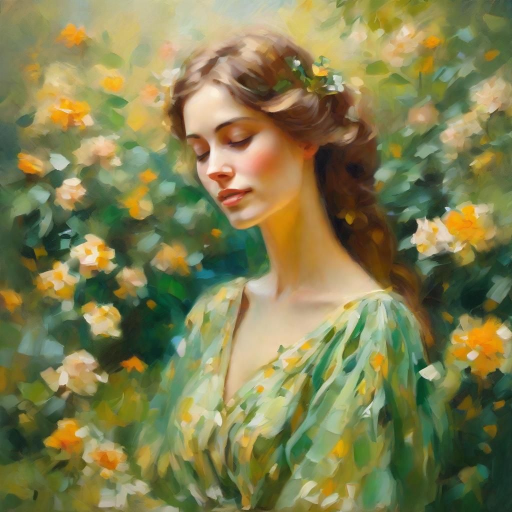 Bohemian Woman in Garden as Impressionist Oil Painting