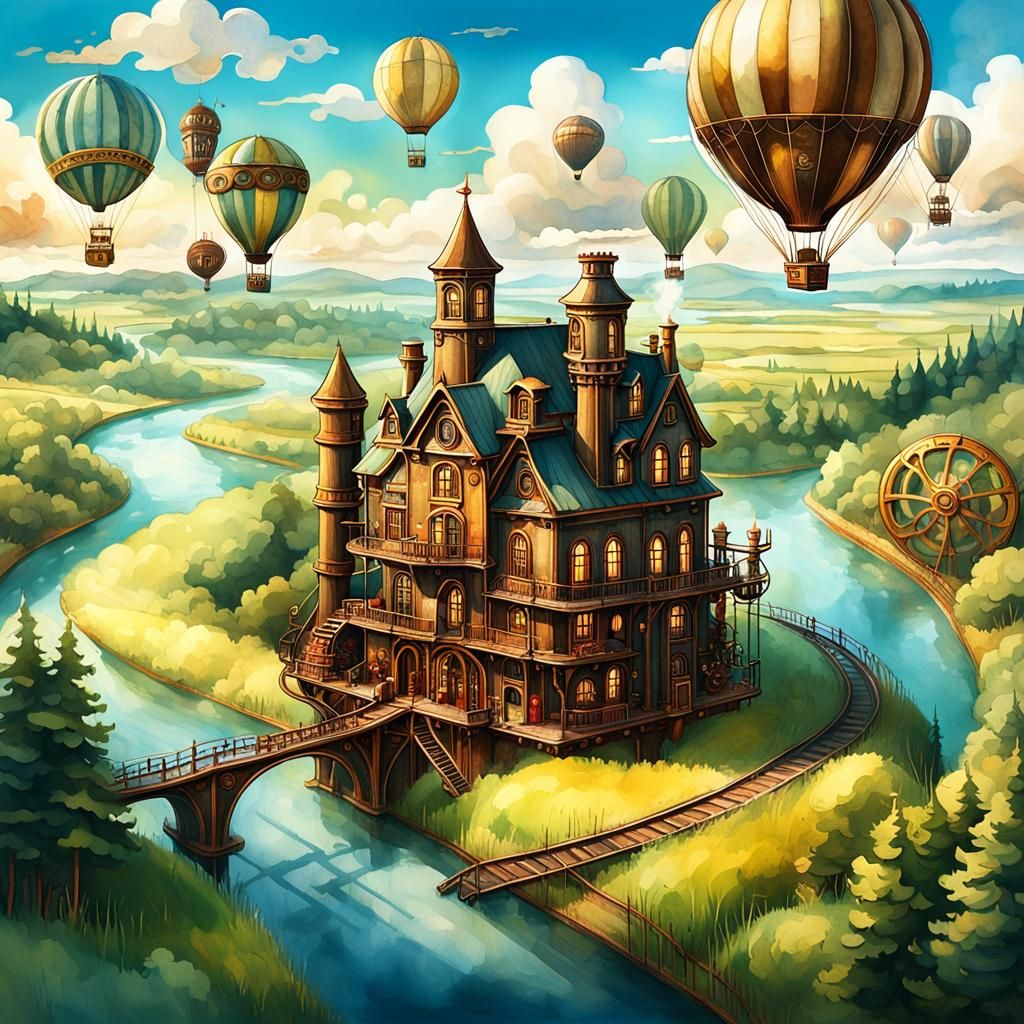 Steampunk House Flies Over Serene River
