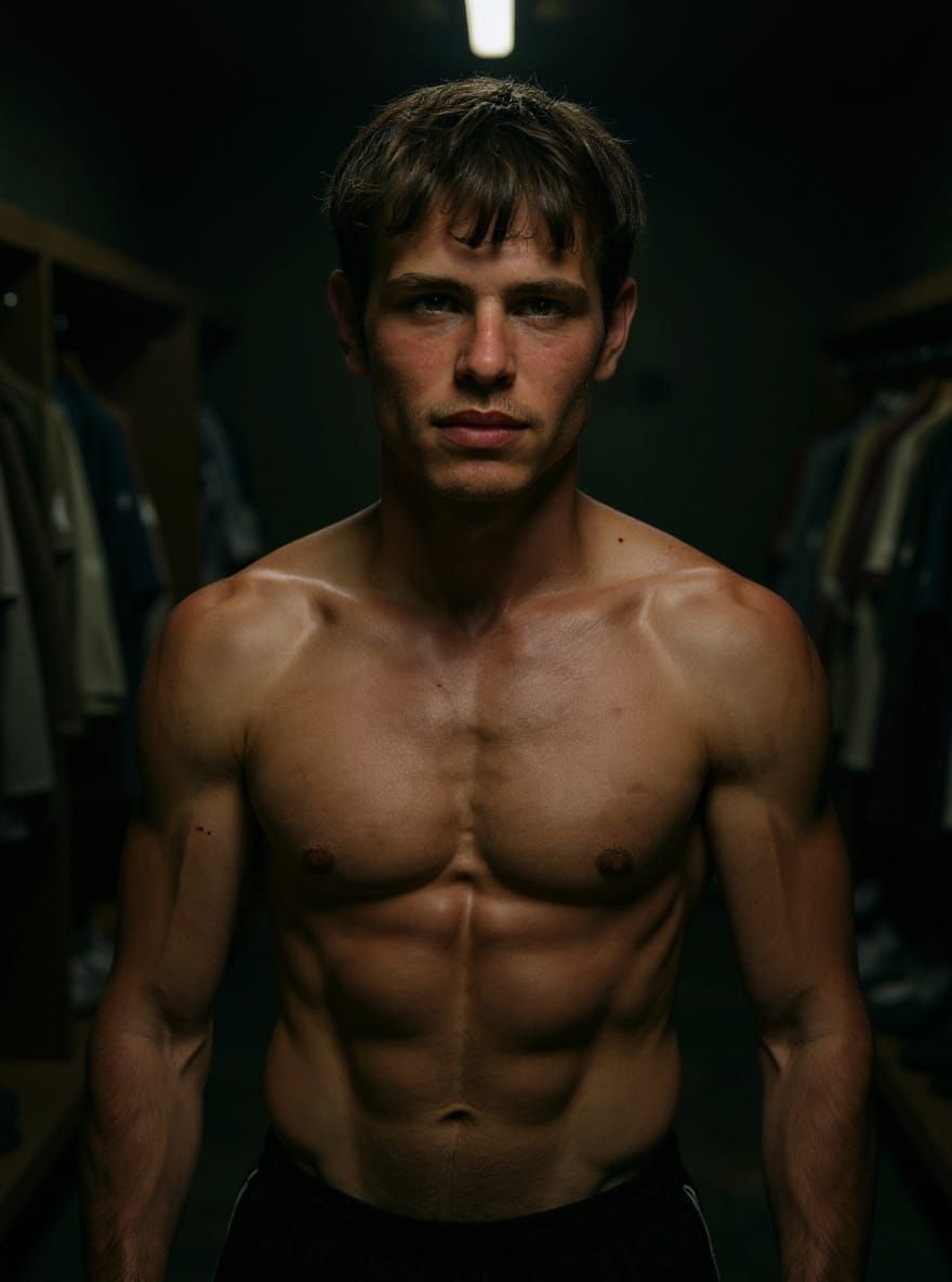 Sports Jock Portrait in Locker Room with Teammates