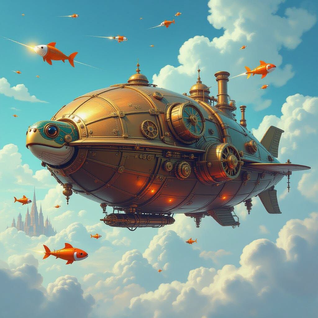 Steampunk Turtle Airship Soaring Through Retro-Futuristic Sk...