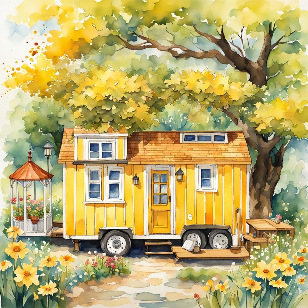 Portable Yellow Tiny House on Wheels: Ghibli Watercolor