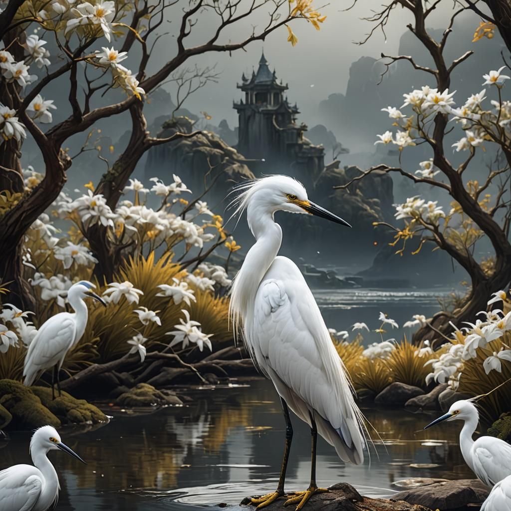 Snowy Egret in Detailed Matte Painting Style
