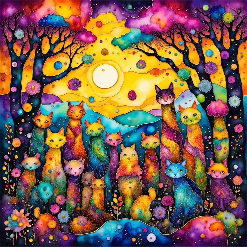 Joyful Forest Creatures at Surreal Sunrise