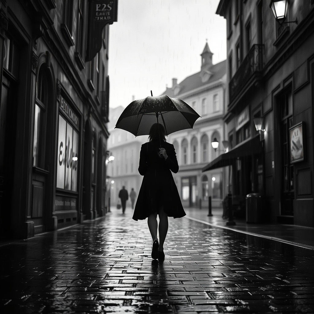 Monochrome Figure in Rainy Street: Matte Painting