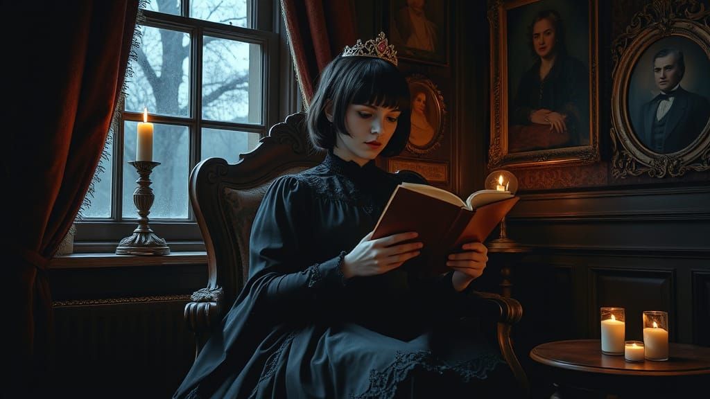 Mysterious Victorian Girl Reading in Gothic Setting