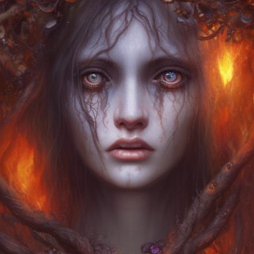 Celtic Witch Camping by Bonfire as Oil Painting