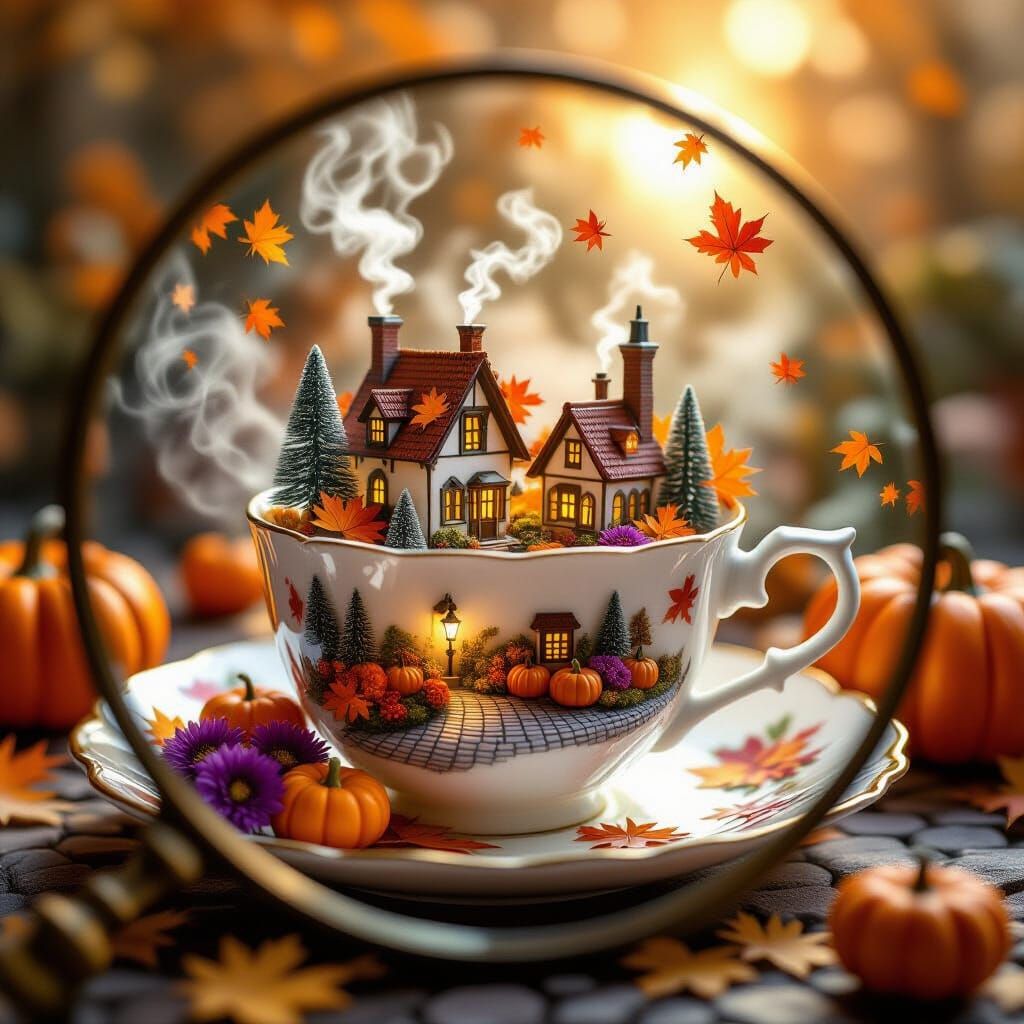 Magical Autumn Village Inside a Teacup