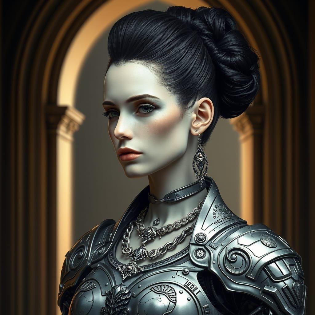 Elegant Cyberpunk Cyborg in Grand Archway