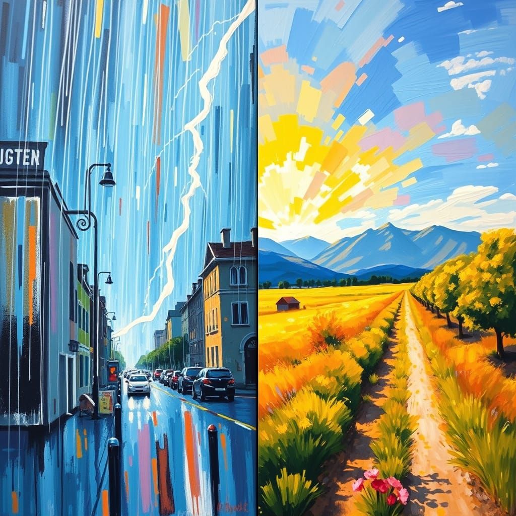 Dual Scene Oil Painting: Stormy City & Sunny Mountains