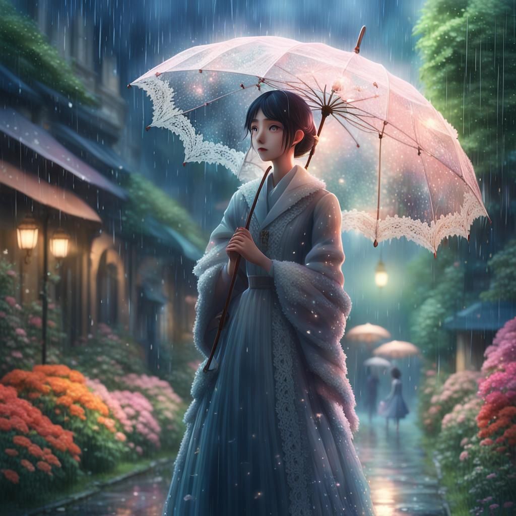 Anime Woman in Rain with Lace Umbrella