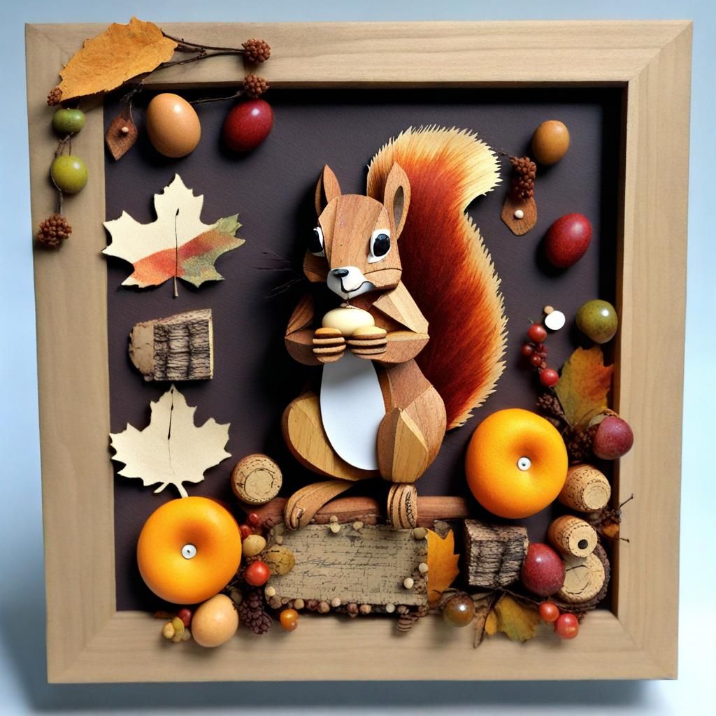 Autumn Squirrel Mixed Media Collage with Recycled Materials