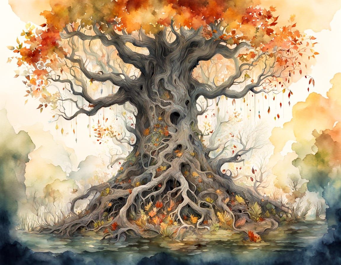 Ancient Pencil Tree Forest Spirit in Whimsical Watercolor