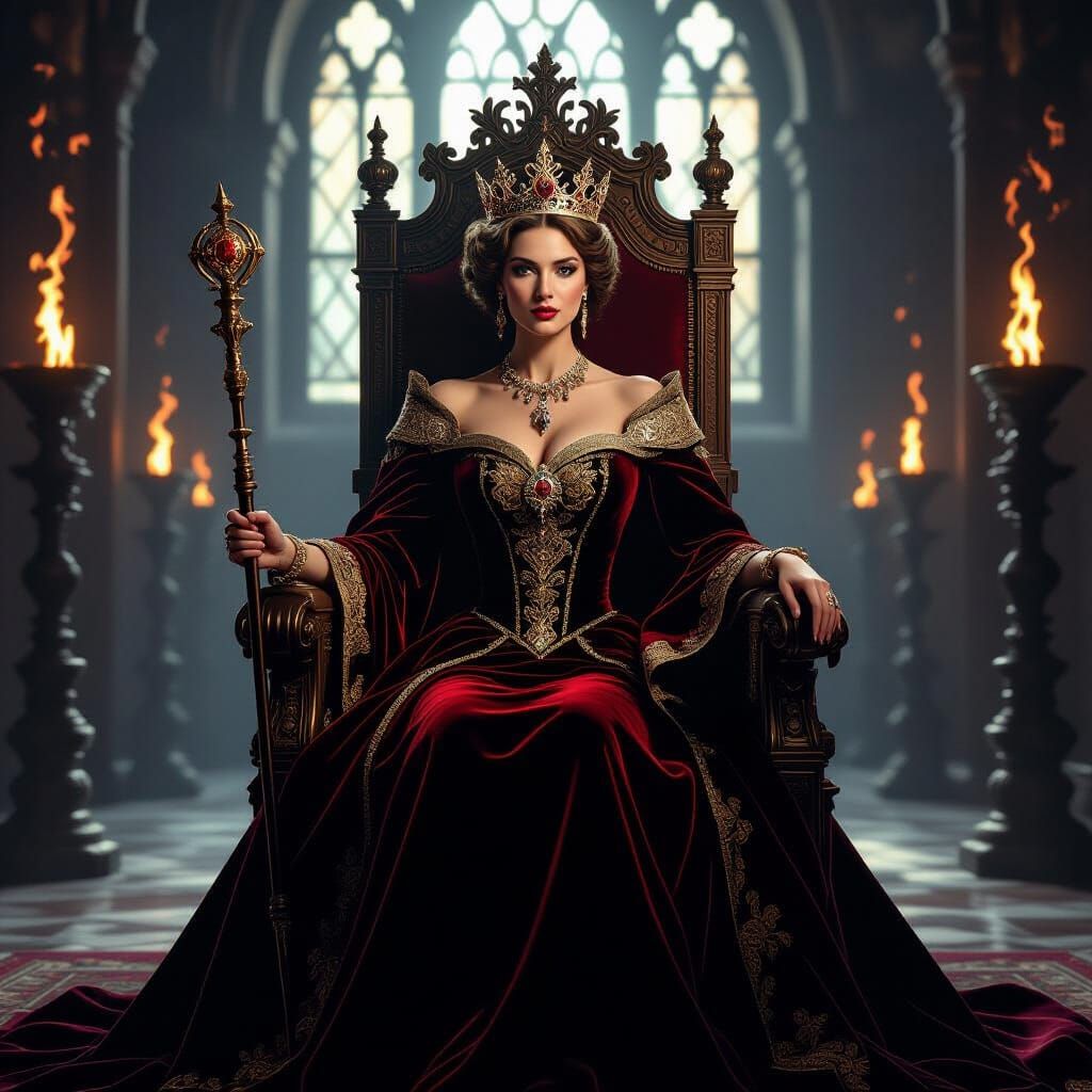 Regal Queen on Throne in Castle Hall