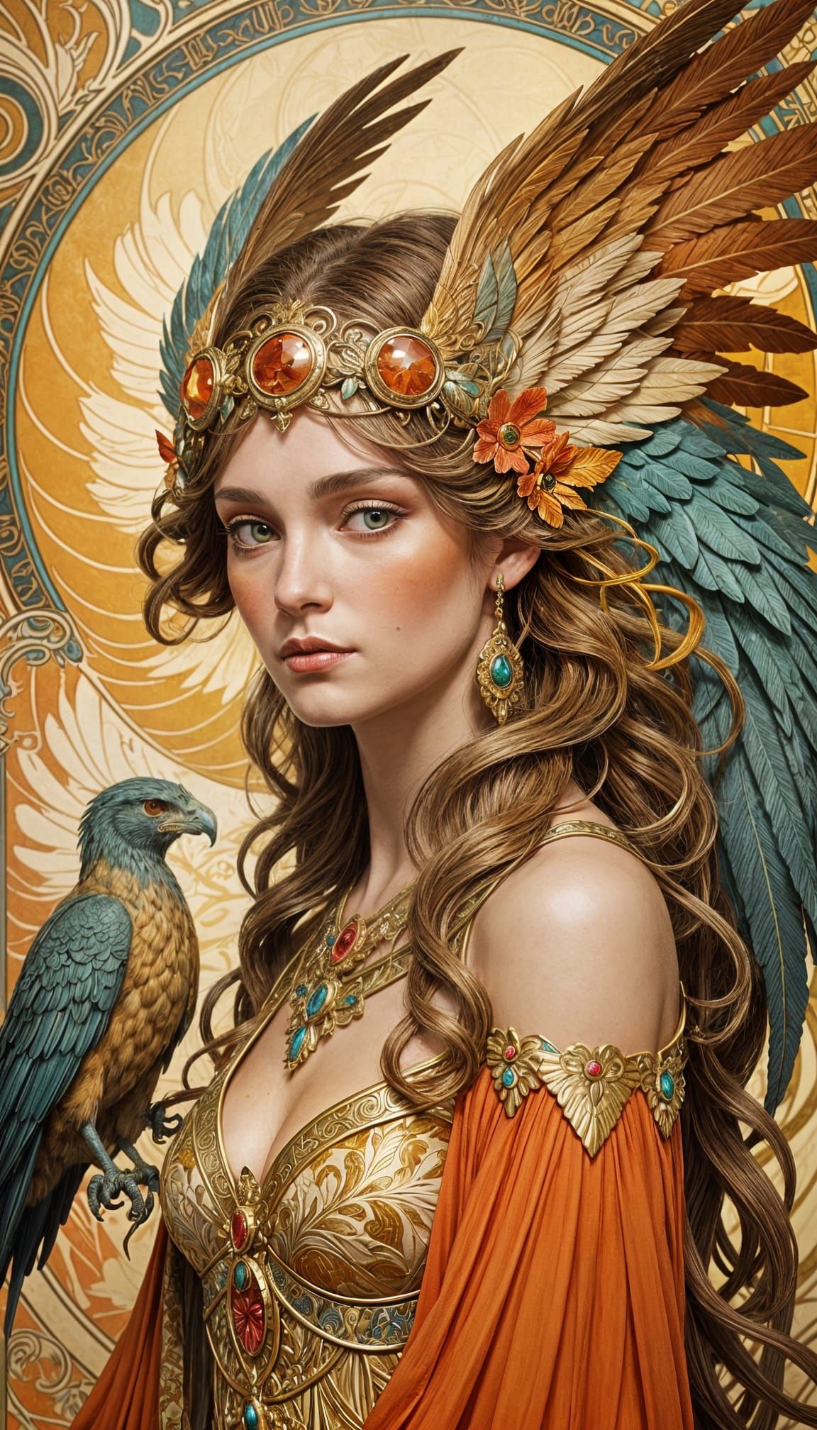 Art Nouveau Harpy with Feathered Wings