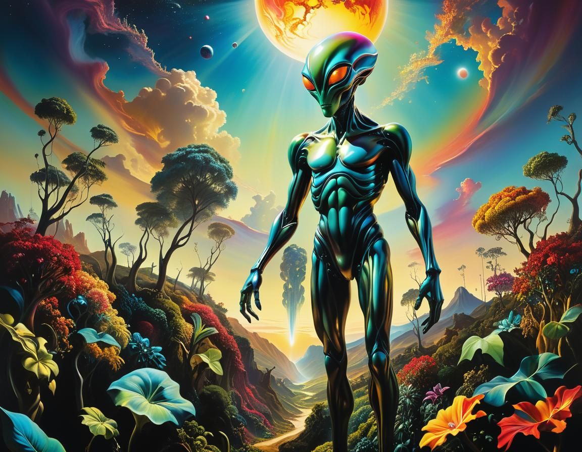 Alien on Lush Planet in Surrealist Oil Painting