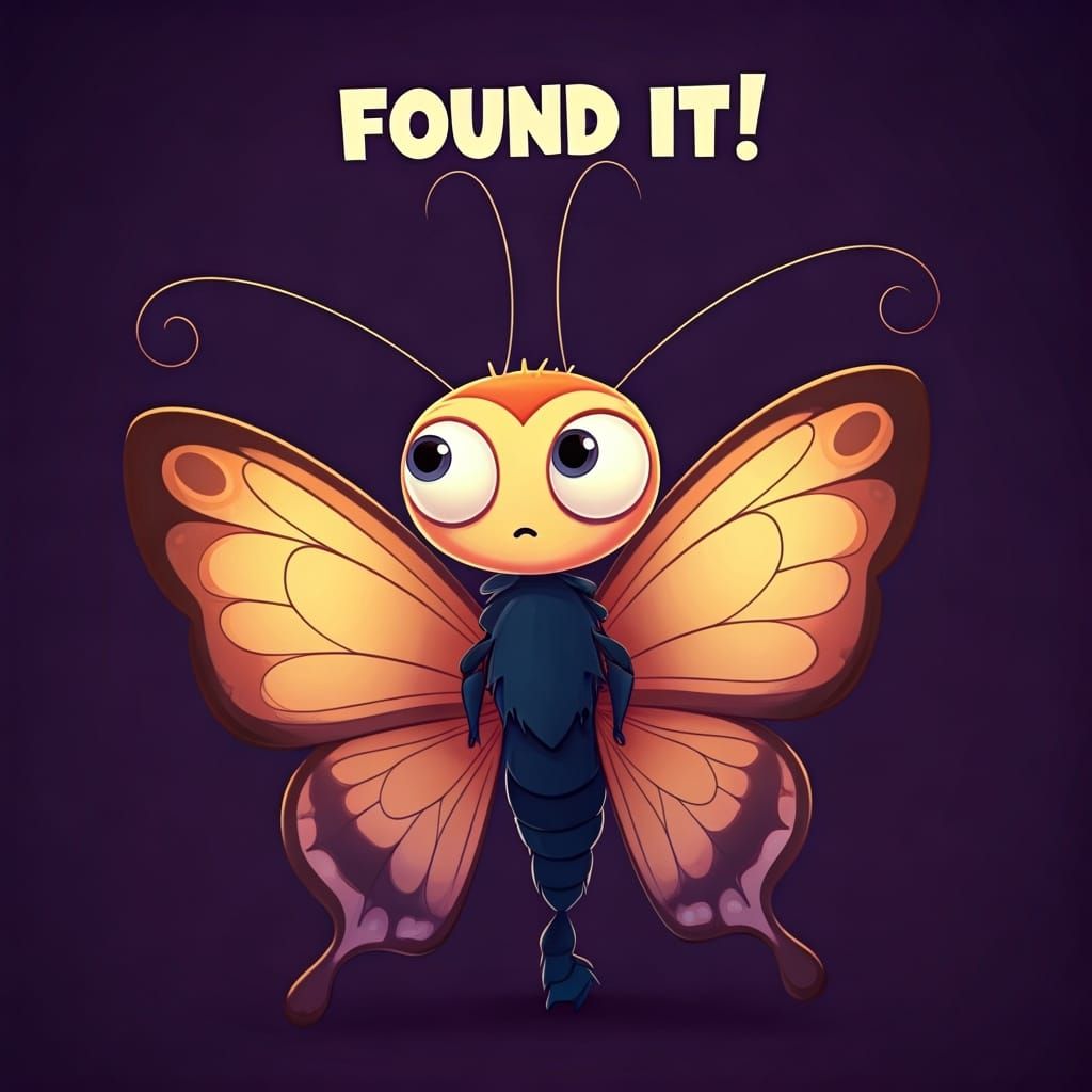 Confused Cartoon Butterfly with "Found It!" Text