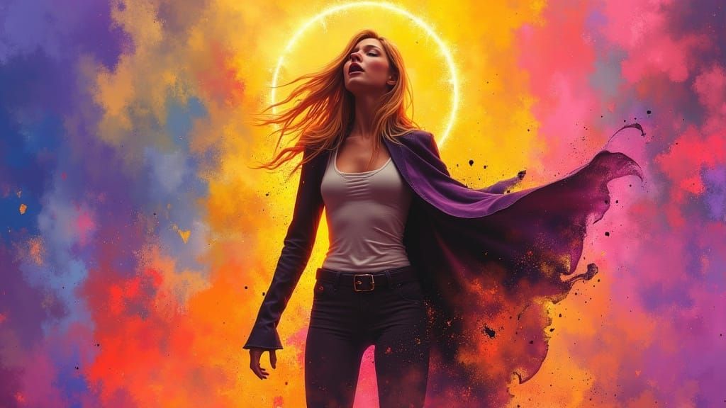 Fierce Blonde Woman Roaring in Dark Oil Paint Style