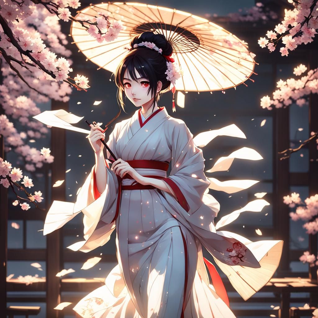 Anime Girl in Elegant Kimono amidst Cherry Blossoms