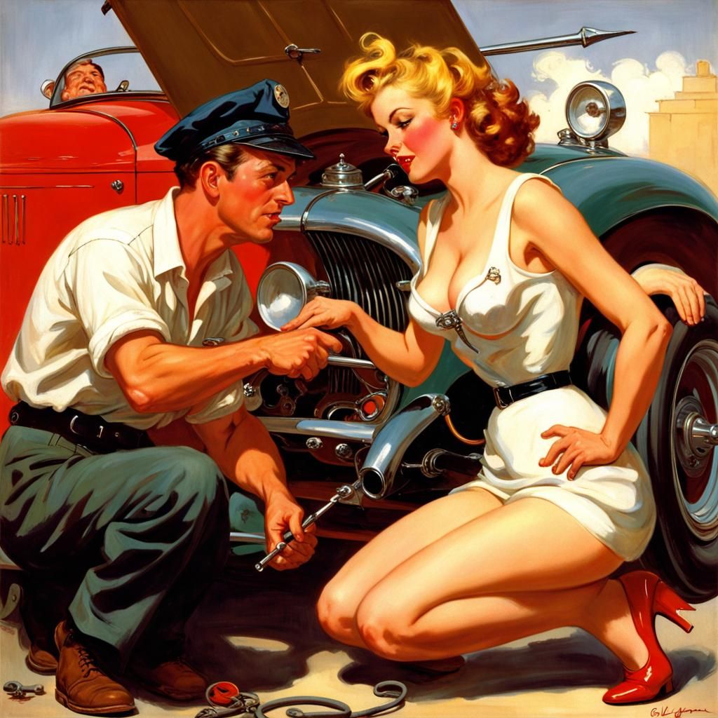 Vintage Pin-Up: Woman and Lecherous Mechanic