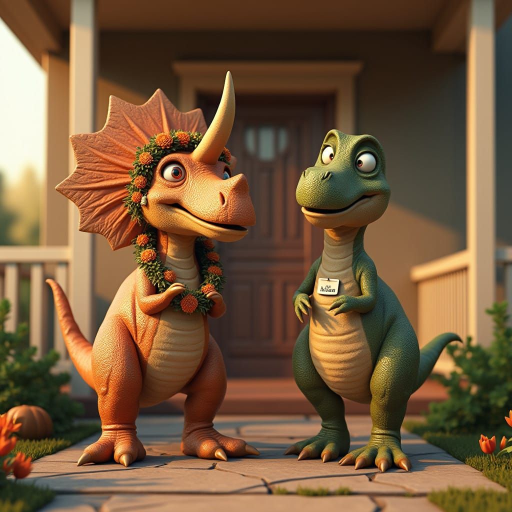 Fantastical Front Porch Scene with Dinosaurs