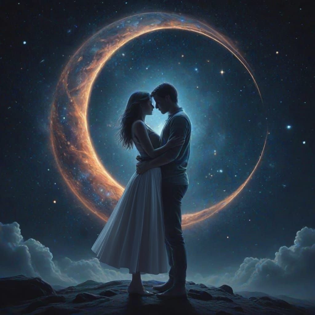Cosmic Love Embrace Under Galactic Moon