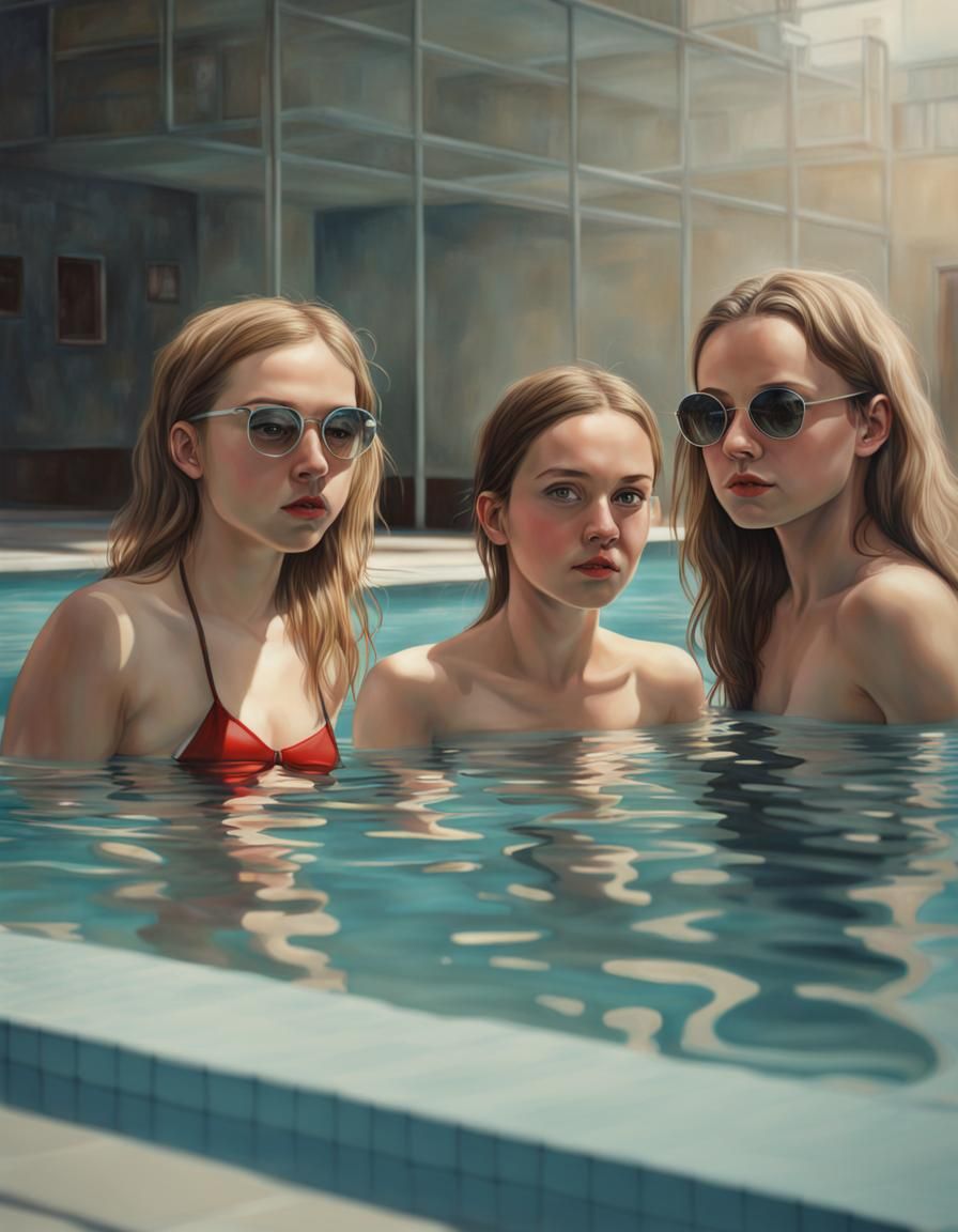 Hyperrealistic Girls Swimming Pool Scene