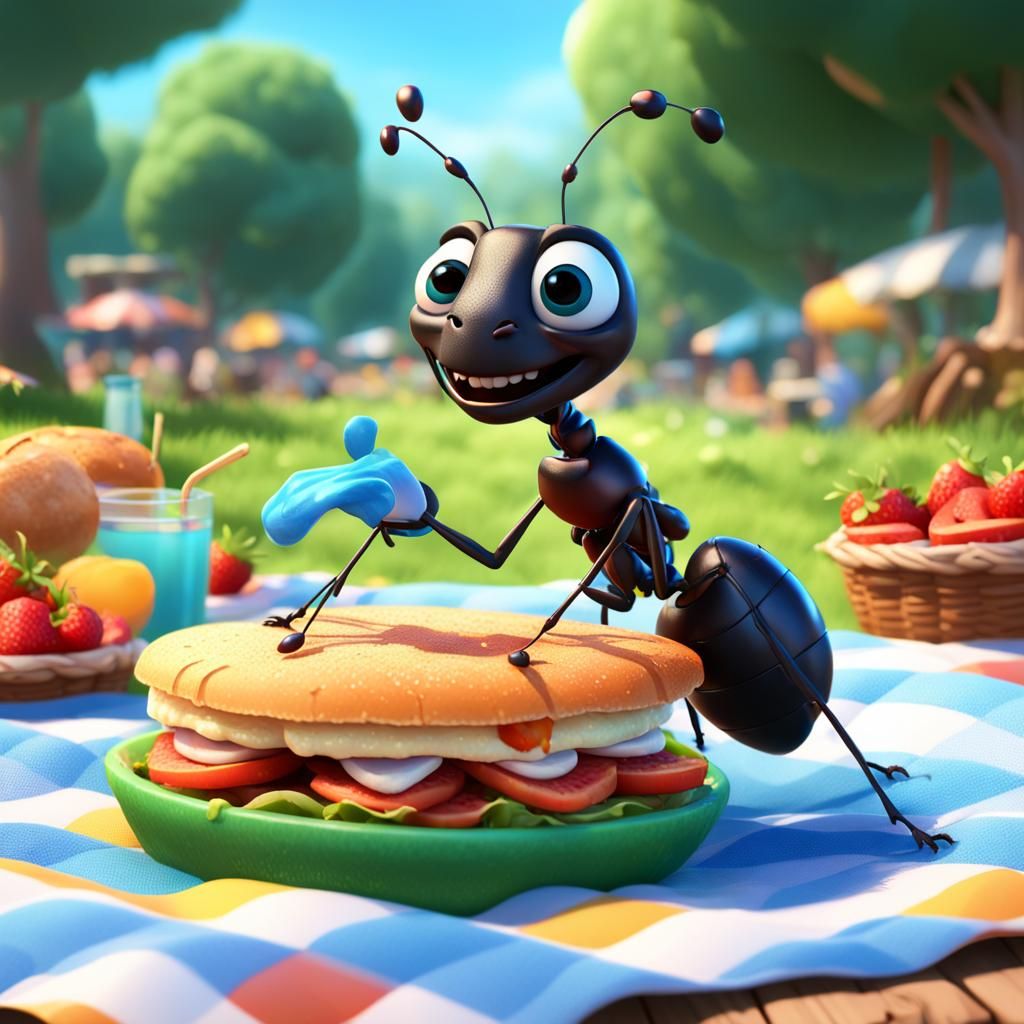 Happy Ant at Picnic, Hyperrealistic Splash Art