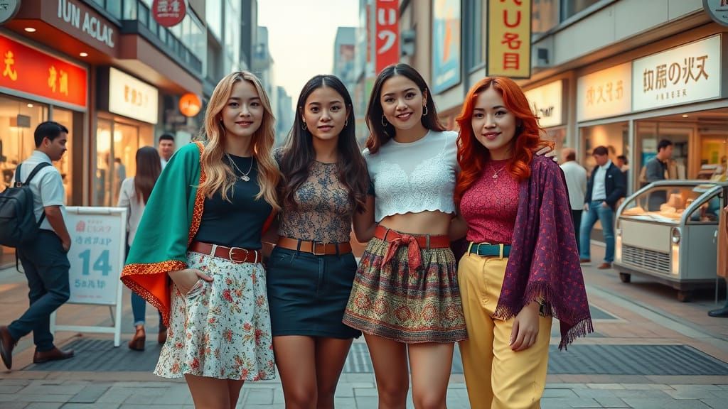 Joyful Friends on Japanese Street at Dusk