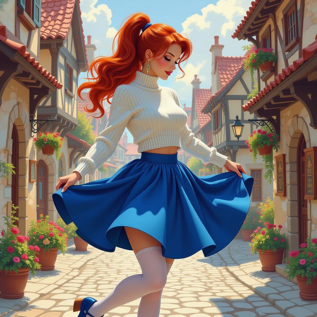 Fantasy Woman Dancing in Town Street as Oil Painting
