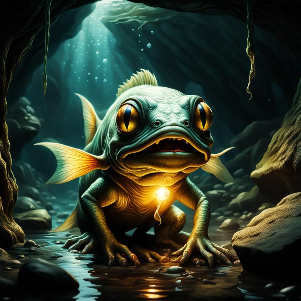Hyperrealistic Smeagol in Grotto with Glowing Fish