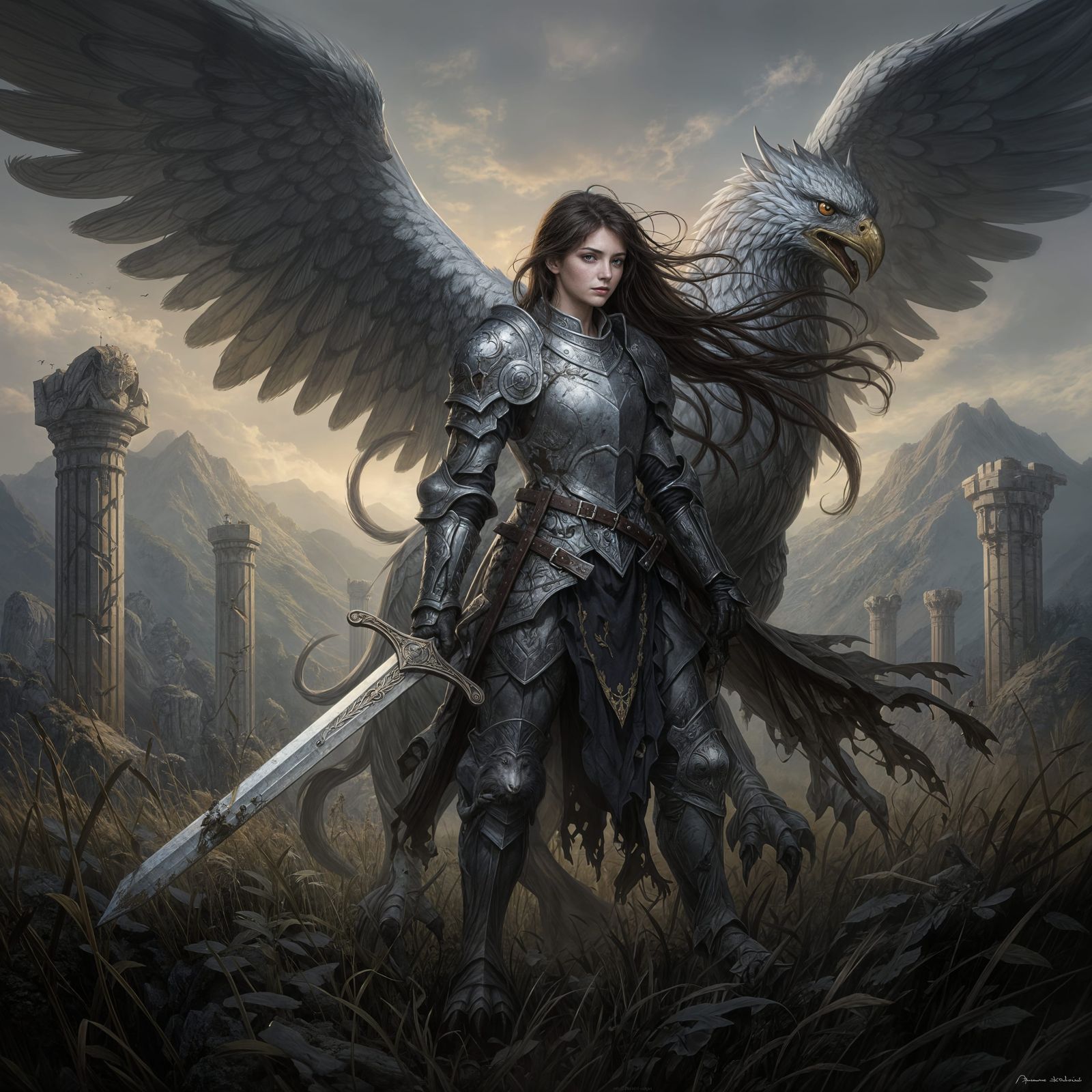 Knight Woman and Griffin on Mountain Ruins