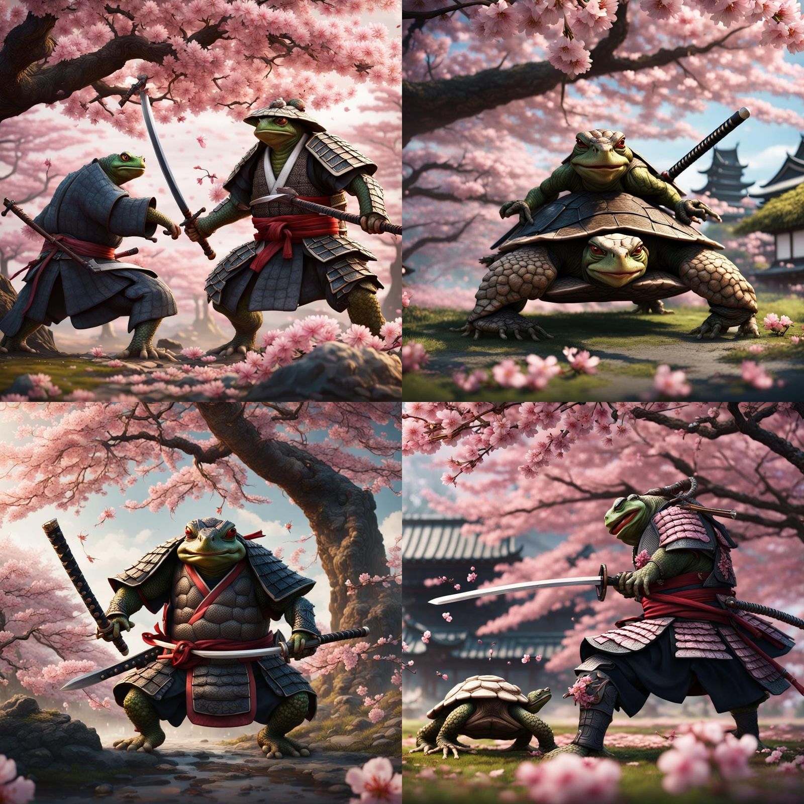 Samurai Tortoise vs Frog in Japanese Cherry Garden