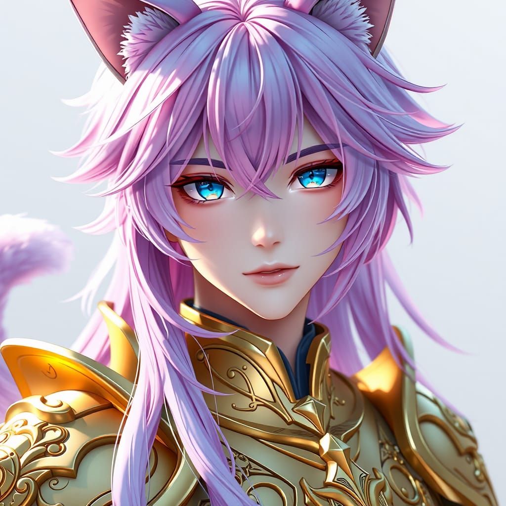 Anime Teen with Cat Features in Gold Armor