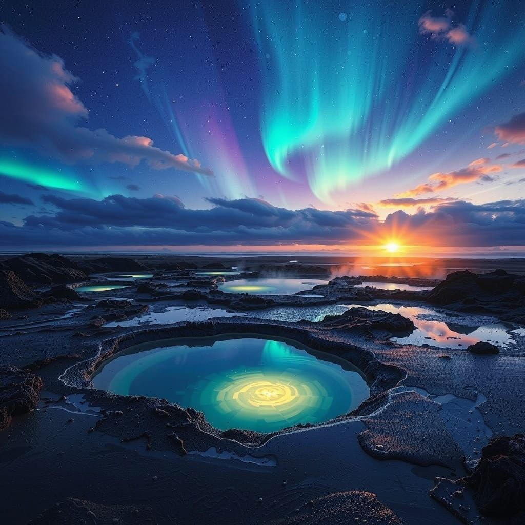 e an image of Reykjavik, Iceland featuring either the midnight sun or the Northern Lights with geothermal hot springs