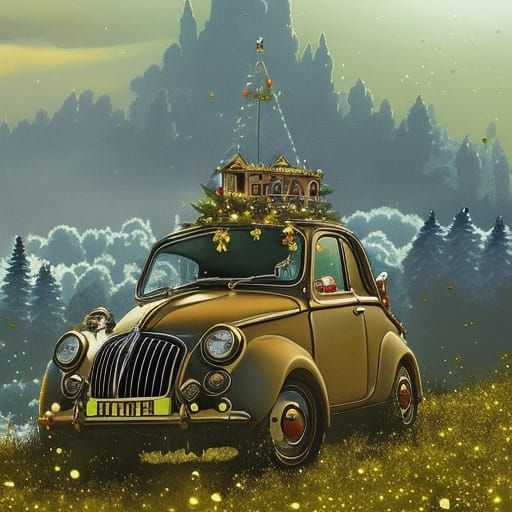 Fiat 500 with Christmas Tree: Storybook Illustration