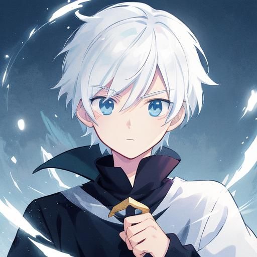 Anime Boy with Snow White Hair, Cel-Shaded Style