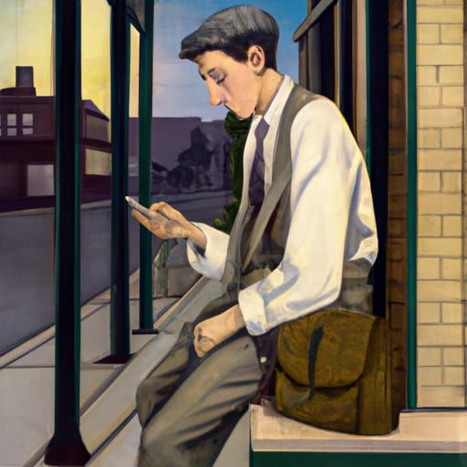 Young Man Waits for Bus in Rockwell Style