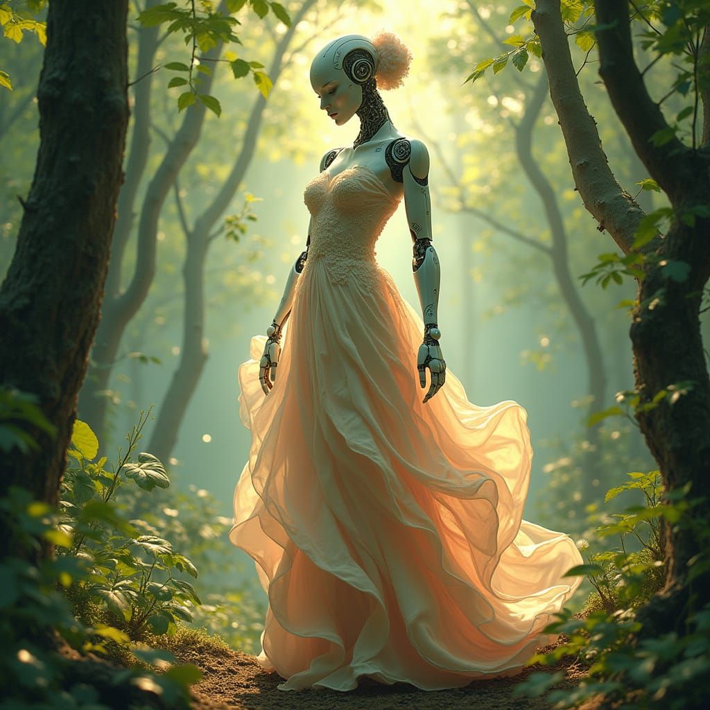Ethereal Robot Goddess in Whimsical Art Nouveau Forest