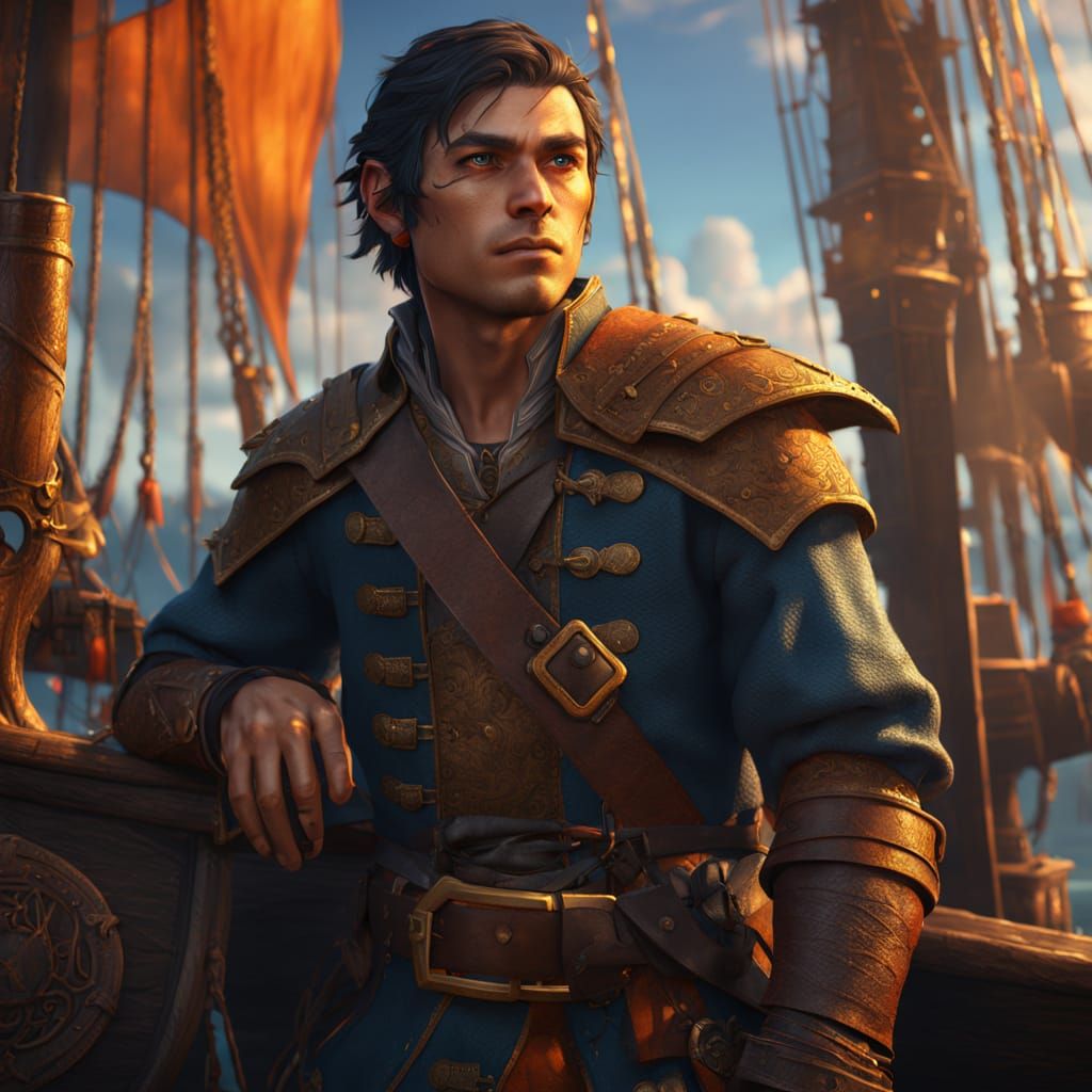 Young Elf Pirate on Ship in Fantasy Style