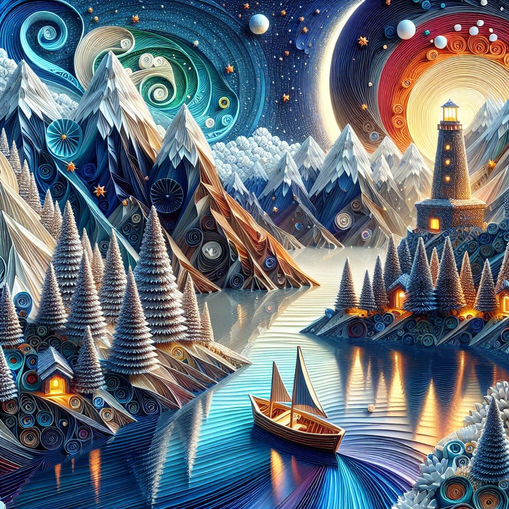 Origami Quilling Village Landscape with Boat and Lighthouse