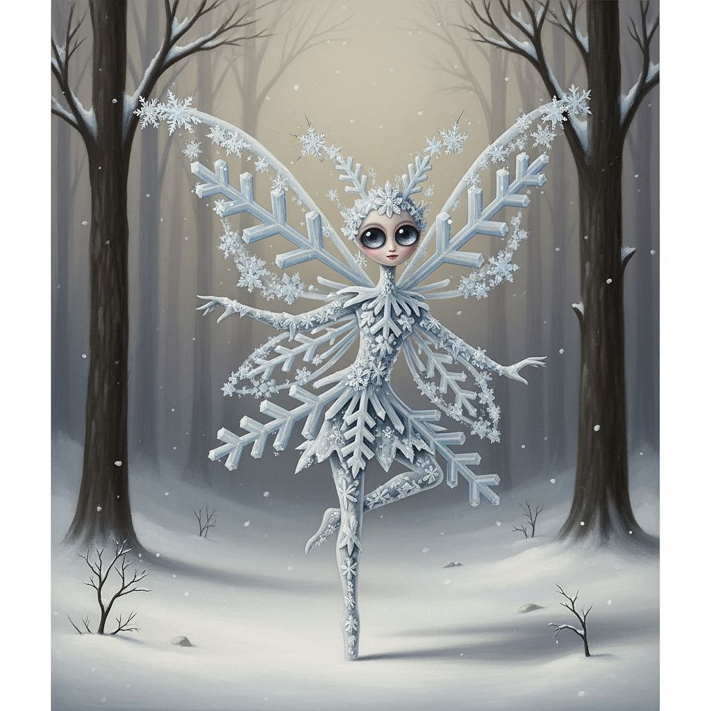 Surreal Snowflake Fairy Dancing in Snowy Forest