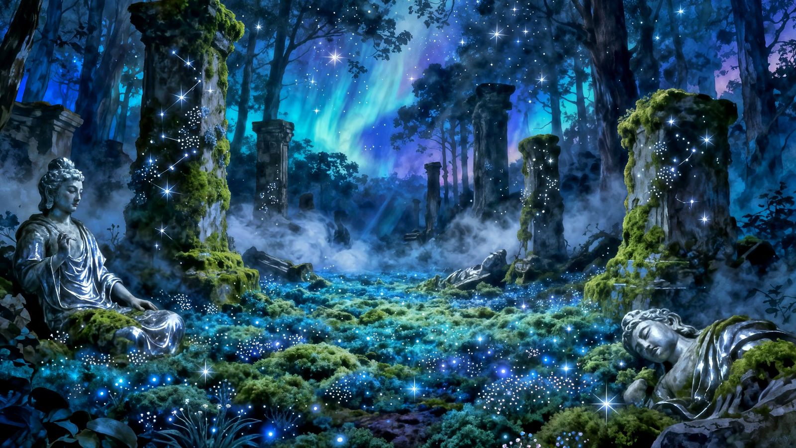 Bioluminescent Starlace Moss on Ancient Ruins