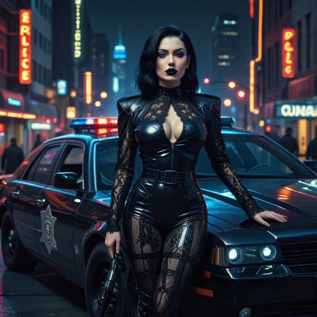 Gothic Policewoman in Neon Cityscape, Hyperrealistic Style